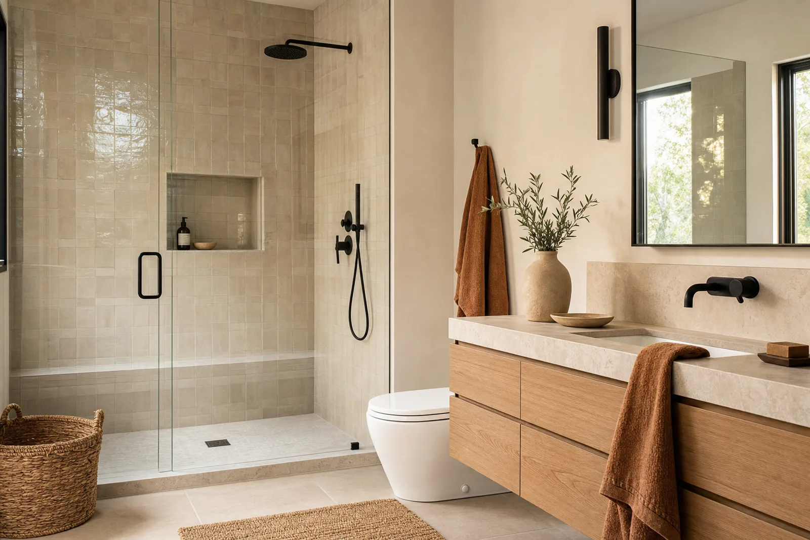 Remodeled bathroom with walk-in tile shower and floating oak vanity