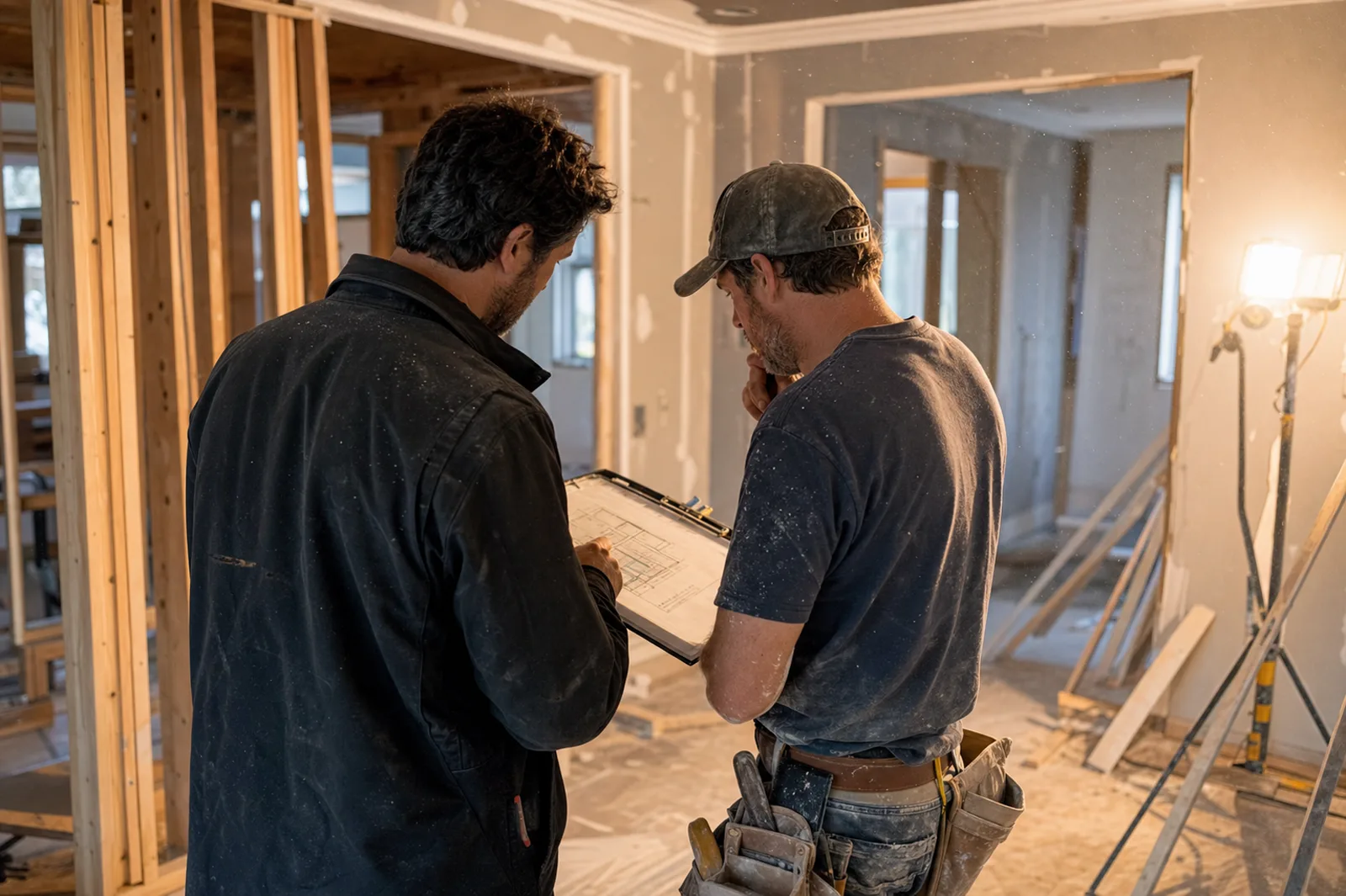 Project manager and carpenter reviewing plans inside a home under renovation