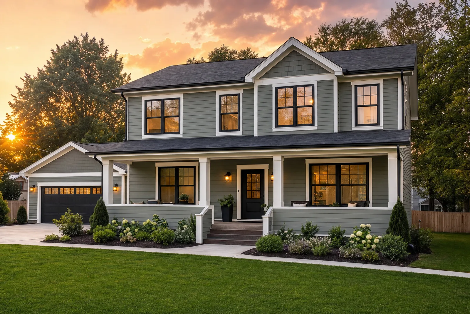 Two-story home with updated siding, roof, windows, and landscaping