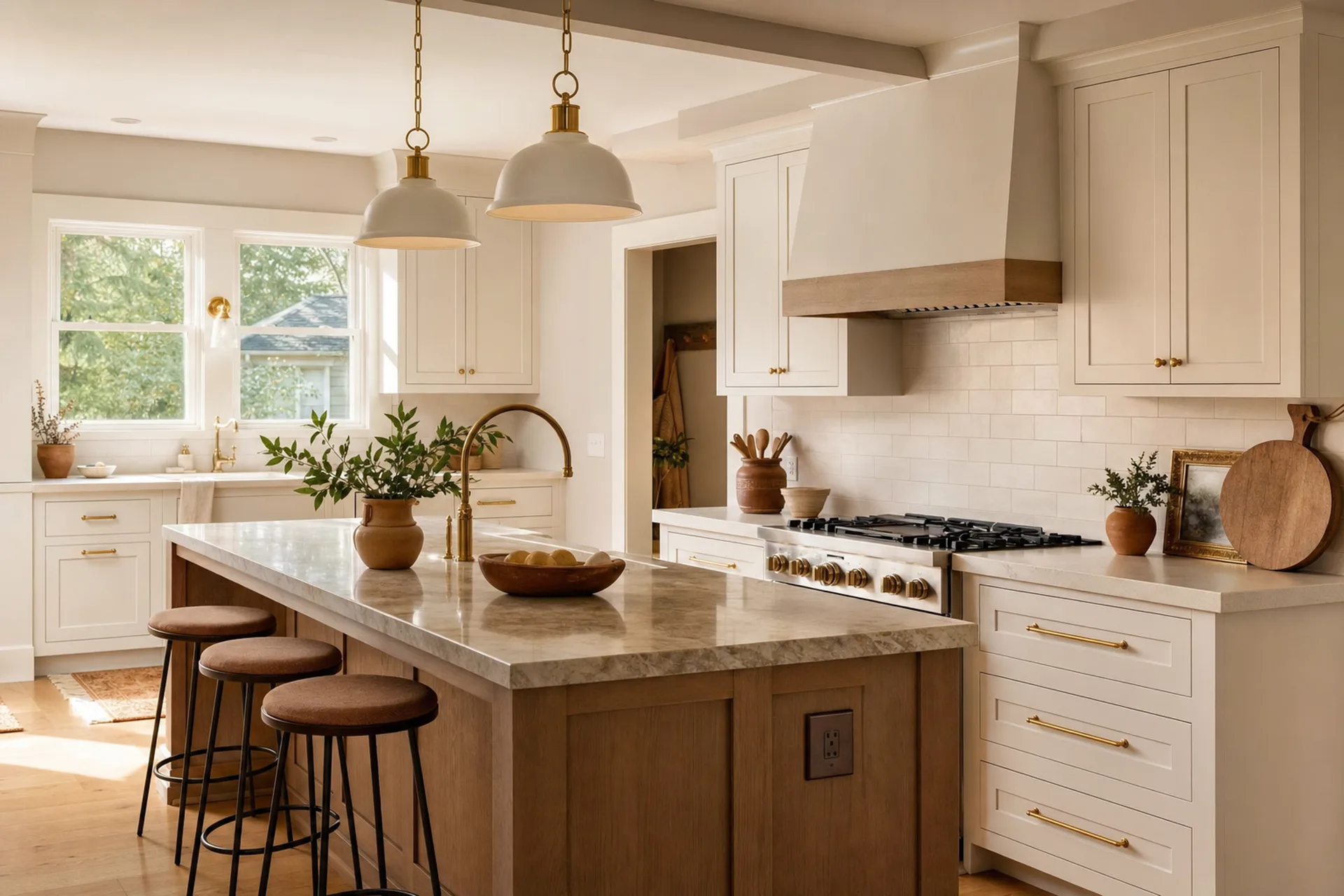 Fully renovated modern-craftsman kitchen with warm white cabinetry, oak island, and brass fixtures