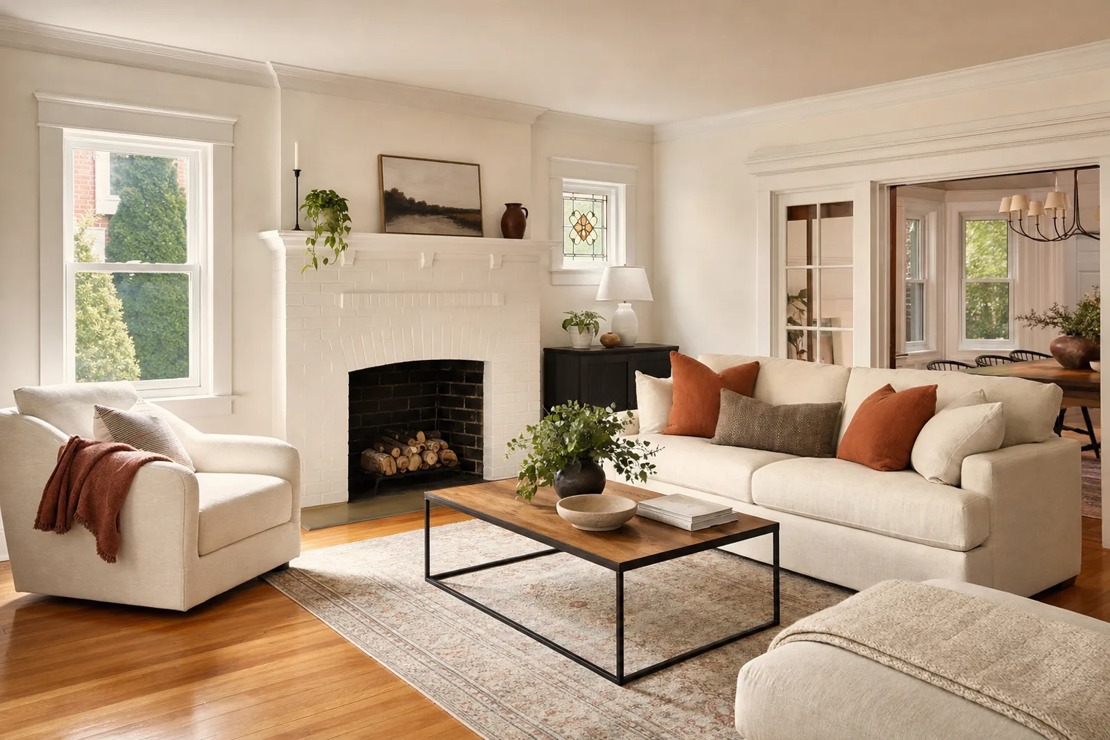 Renovated living room with refinished hardwood floors and restored fireplace